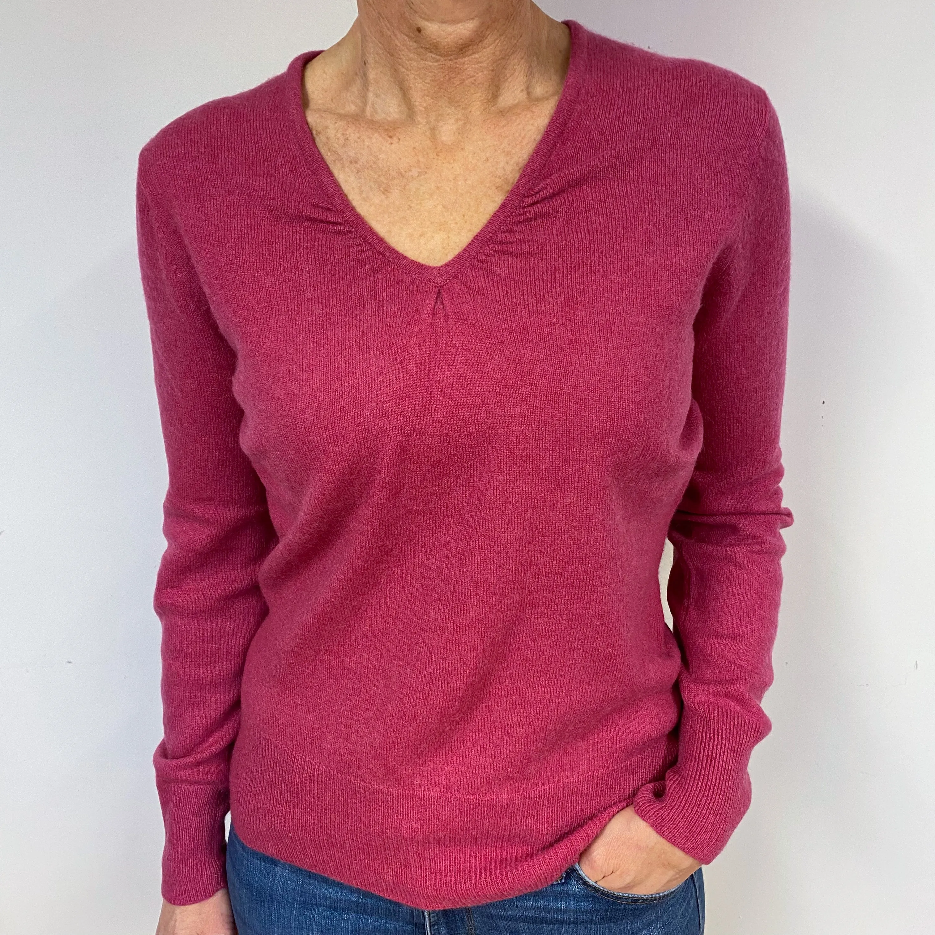 Raspberry Pink Ruched Cashmere V-Neck Jumper Medium