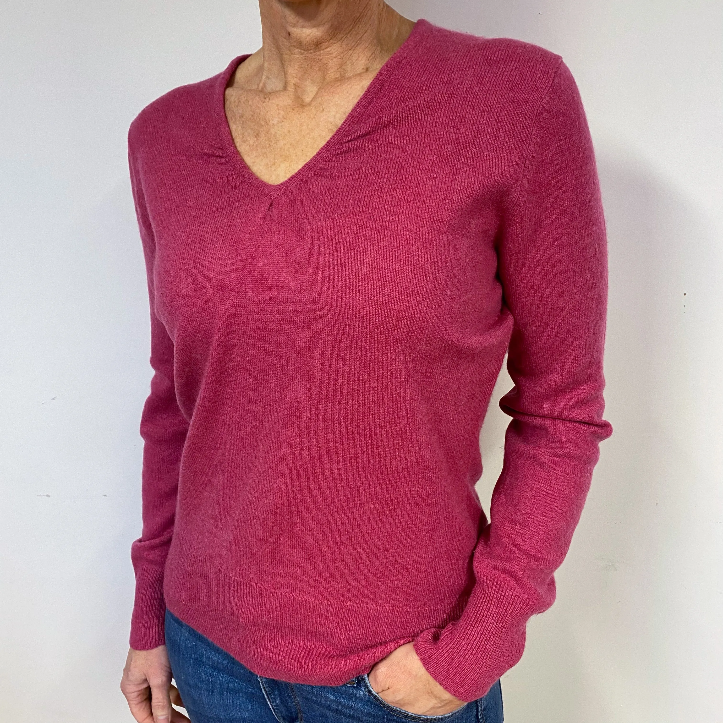 Raspberry Pink Ruched Cashmere V-Neck Jumper Medium