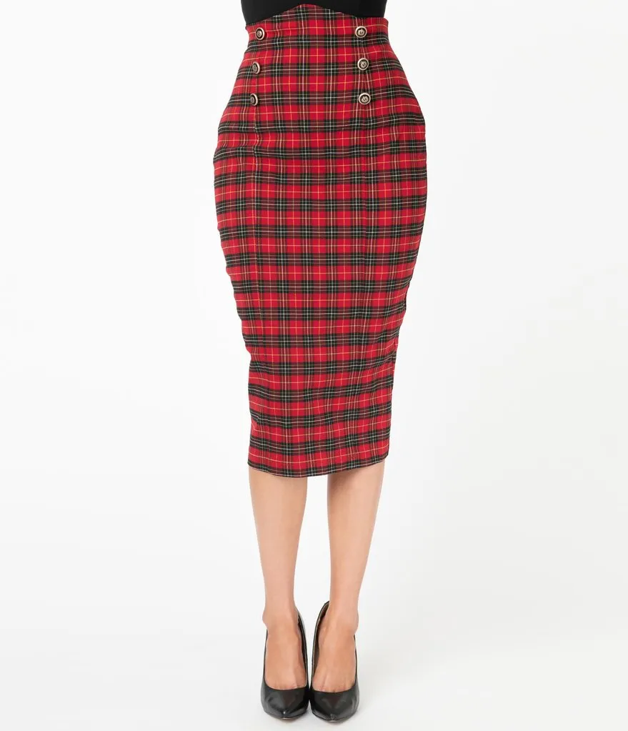Red and Black Plaid Sailor Sierra Pencil Skirt