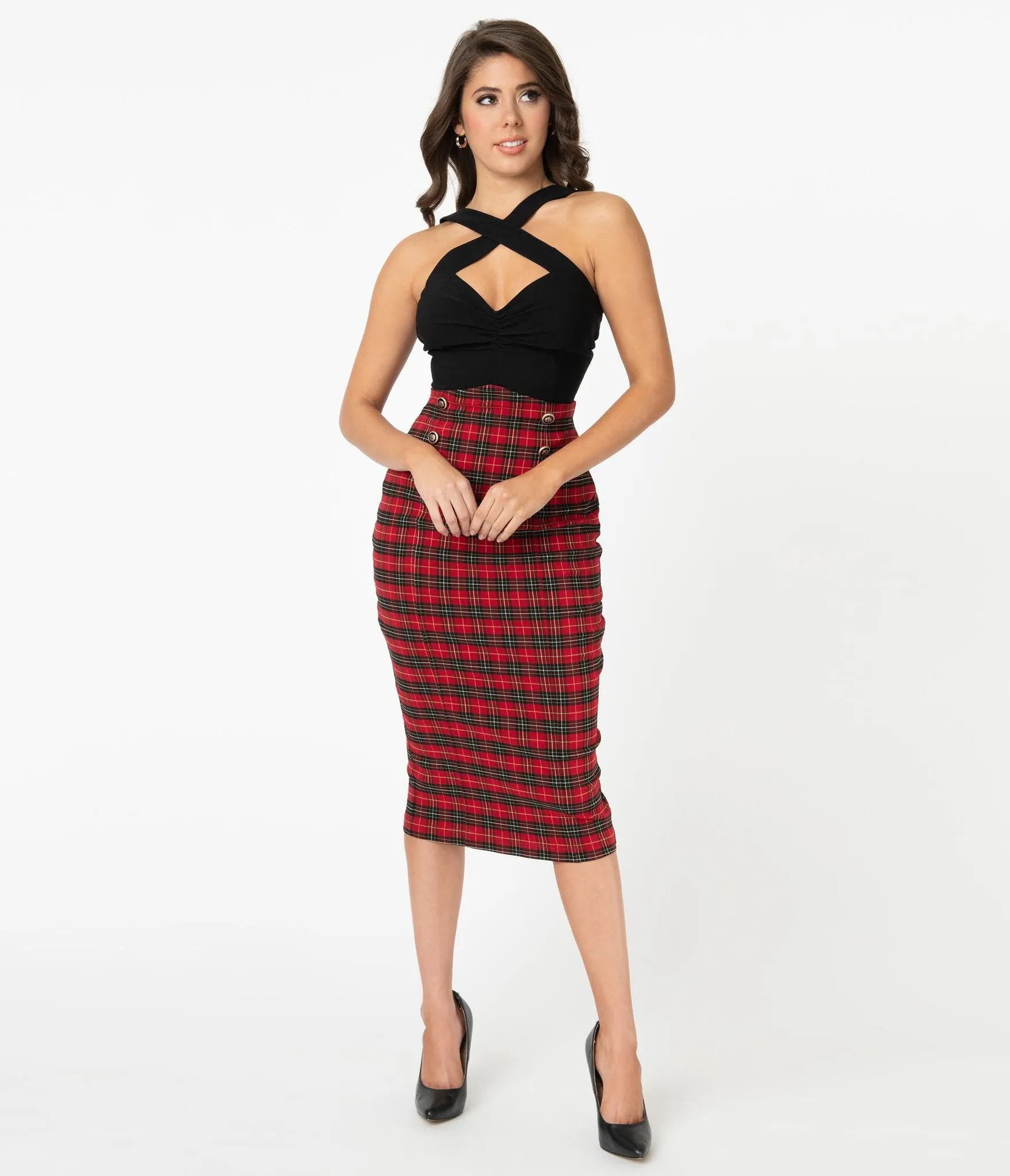 Red and Black Plaid Sailor Sierra Pencil Skirt