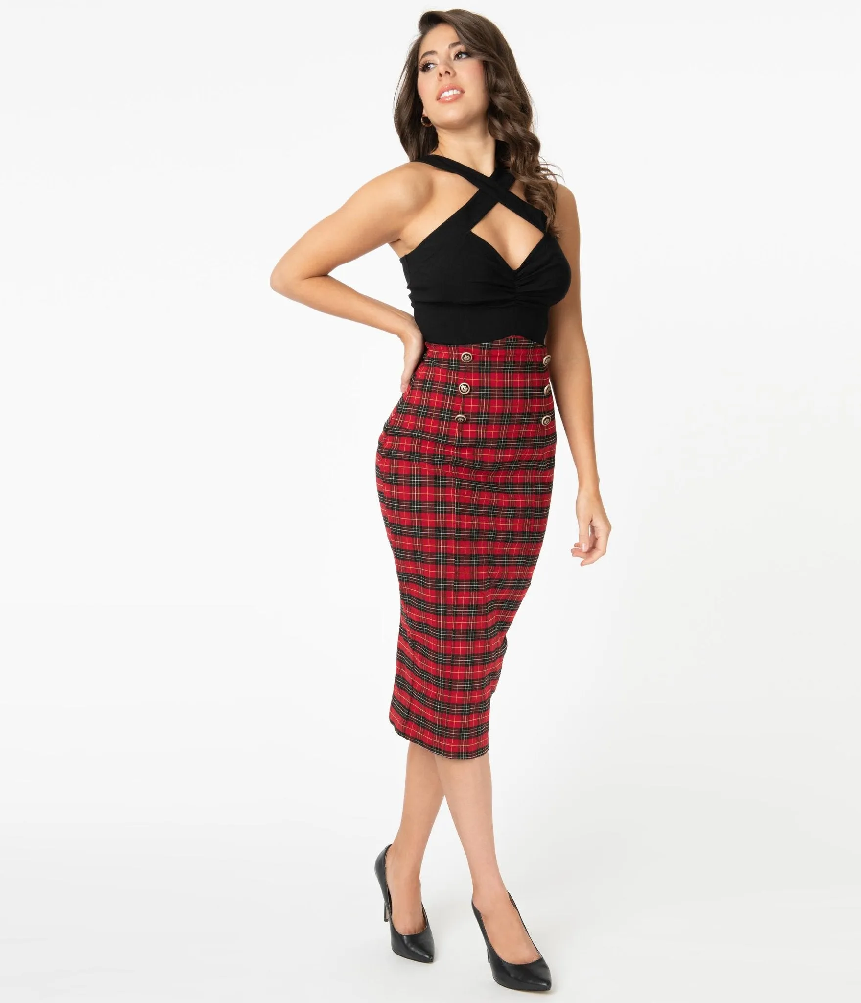 Red and Black Plaid Sailor Sierra Pencil Skirt