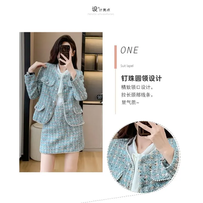 Set: Crew Neck Faux Pearl Buttoned Tweed Jacket   High Waist Mini Pencil Skirt