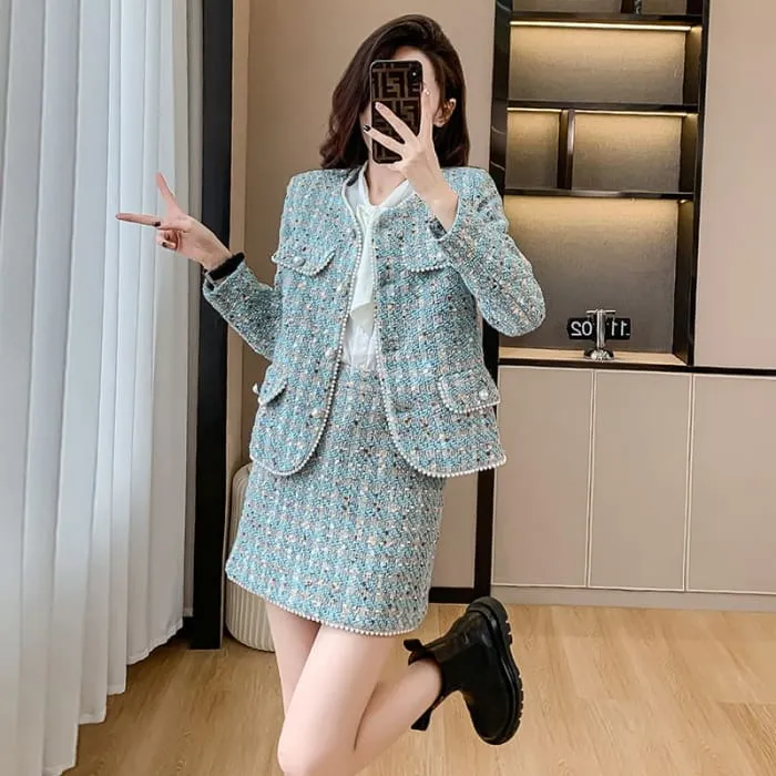 Set: Crew Neck Faux Pearl Buttoned Tweed Jacket   High Waist Mini Pencil Skirt