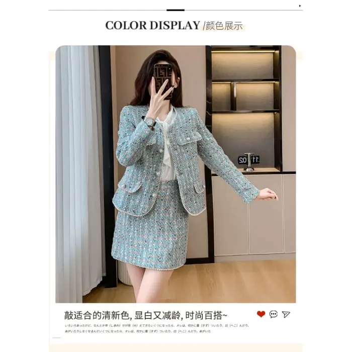Set: Crew Neck Faux Pearl Buttoned Tweed Jacket   High Waist Mini Pencil Skirt