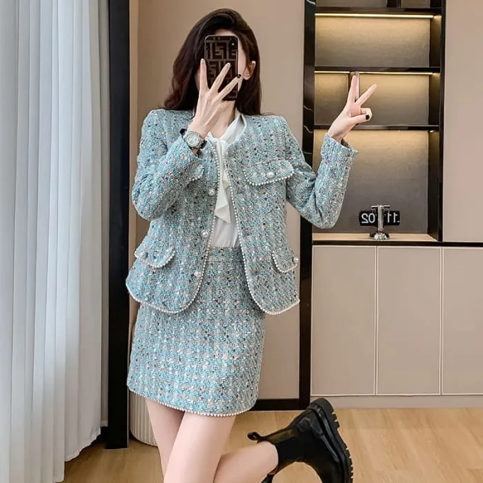 Set: Crew Neck Faux Pearl Buttoned Tweed Jacket   High Waist Mini Pencil Skirt