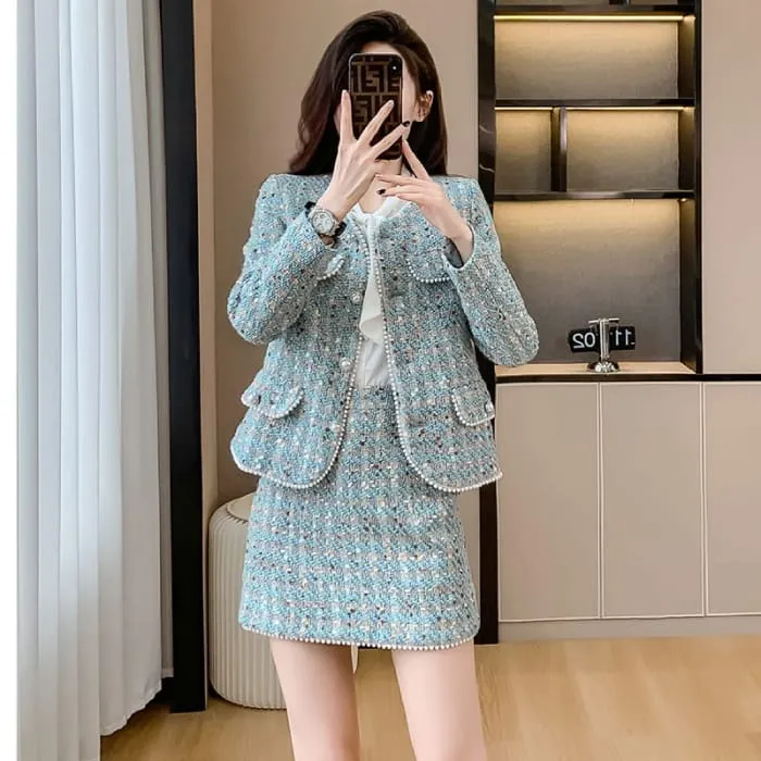 Set: Crew Neck Faux Pearl Buttoned Tweed Jacket   High Waist Mini Pencil Skirt