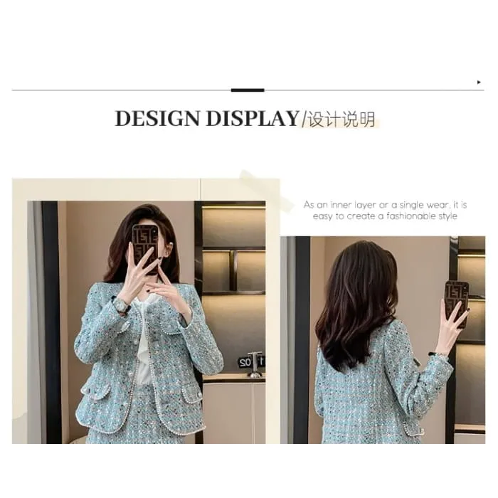 Set: Crew Neck Faux Pearl Buttoned Tweed Jacket   High Waist Mini Pencil Skirt