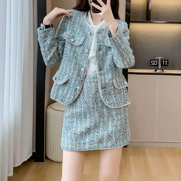 Set: Crew Neck Faux Pearl Buttoned Tweed Jacket   High Waist Mini Pencil Skirt