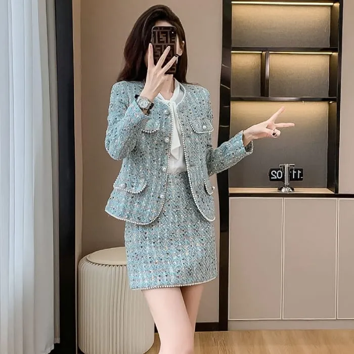 Set: Crew Neck Faux Pearl Buttoned Tweed Jacket   High Waist Mini Pencil Skirt