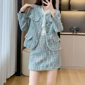 Set: Crew Neck Faux Pearl Buttoned Tweed Jacket   High Waist Mini Pencil Skirt