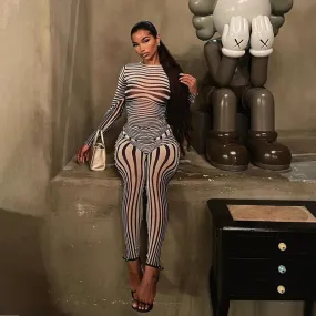 Sexy Hipster Long Sleeve O-Neck Female Streetwear Outfits Mesh Striped Two Piece Set Women Sheath Body-Shaping High Street