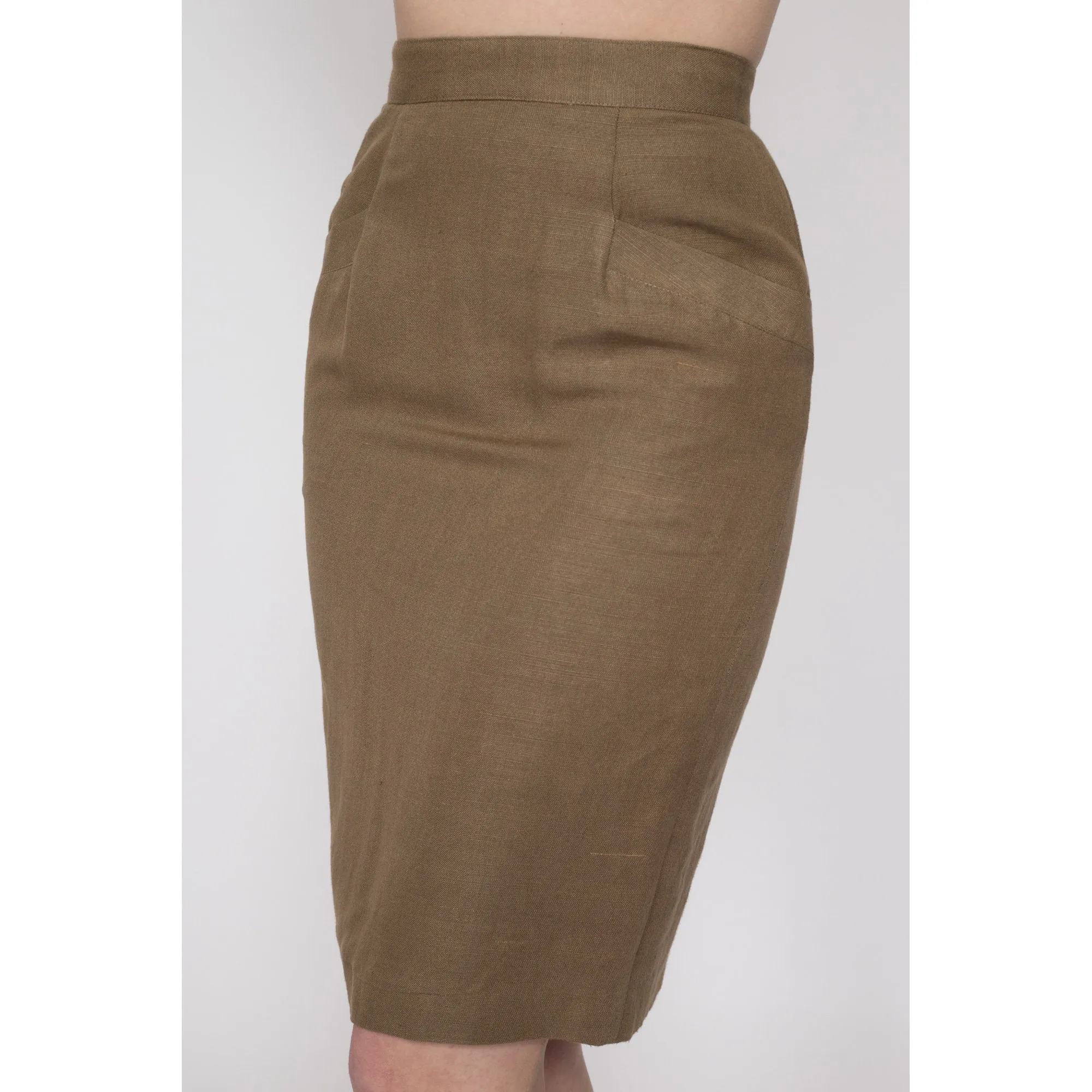 Small 90s Khaki Brown Linen Pencil Skirt 26"