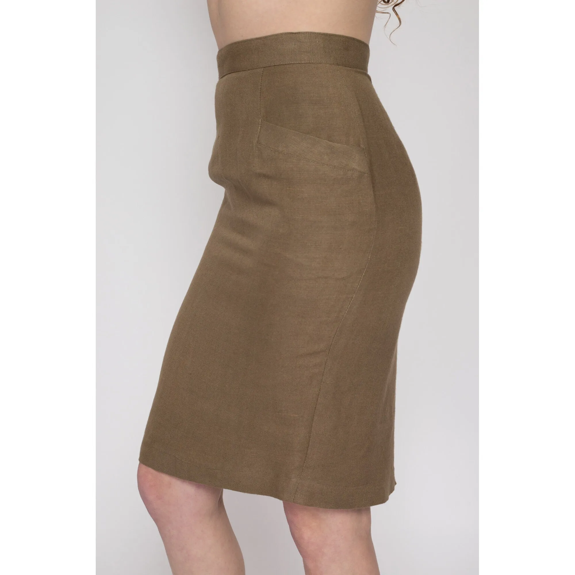 Small 90s Khaki Brown Linen Pencil Skirt 26"