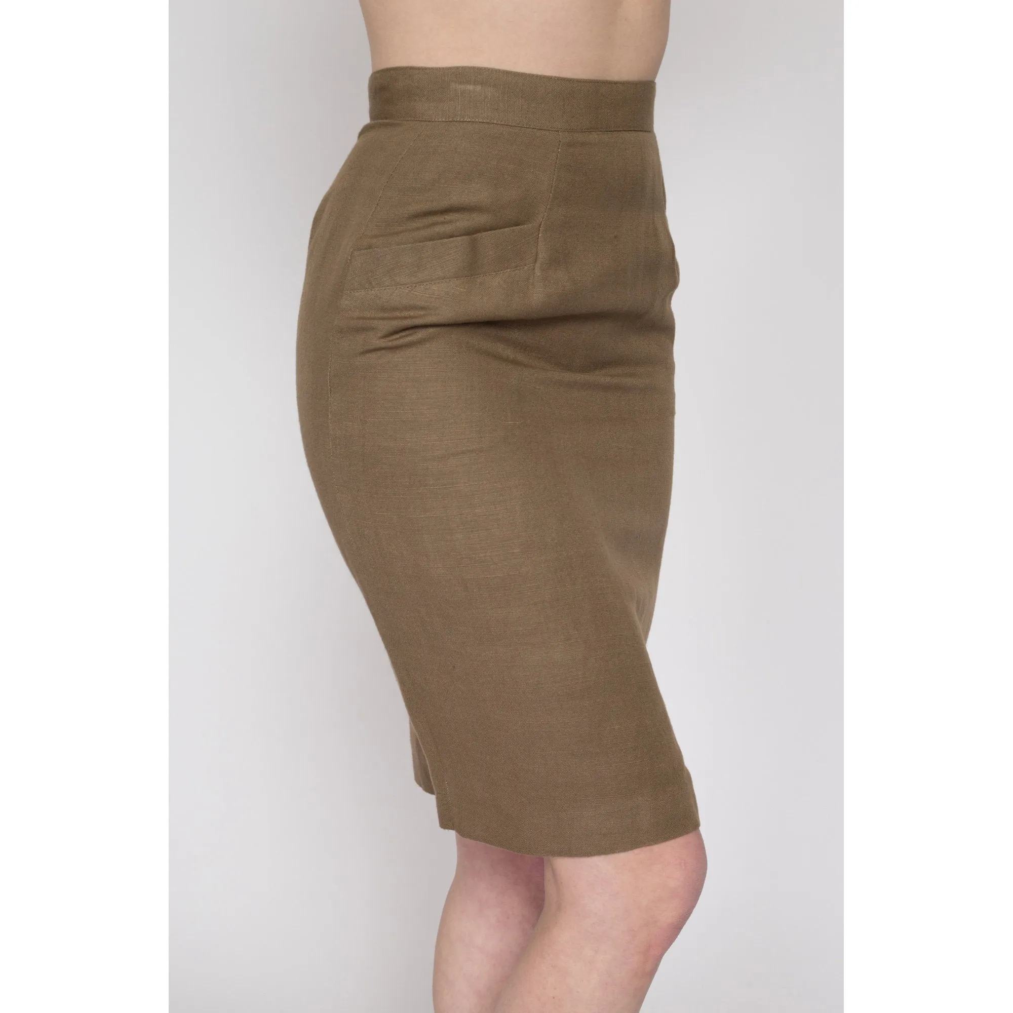 Small 90s Khaki Brown Linen Pencil Skirt 26"