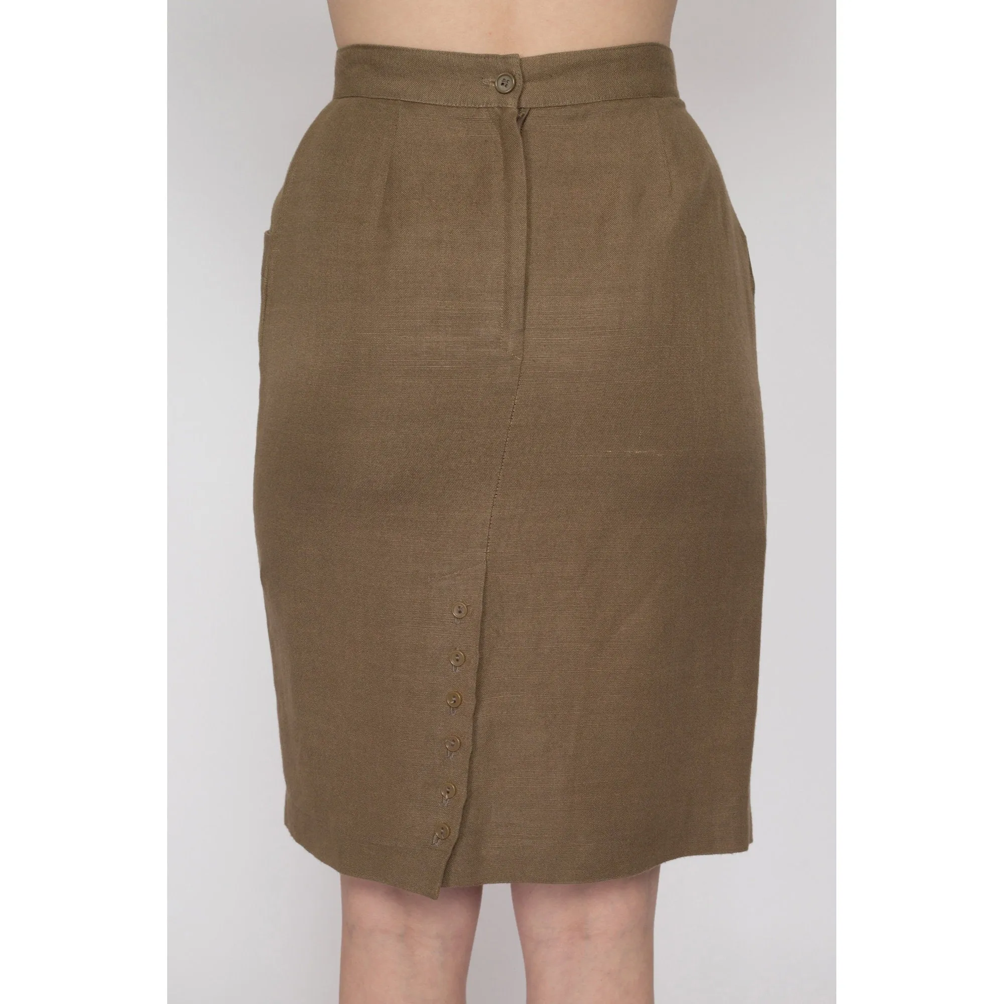 Small 90s Khaki Brown Linen Pencil Skirt 26"