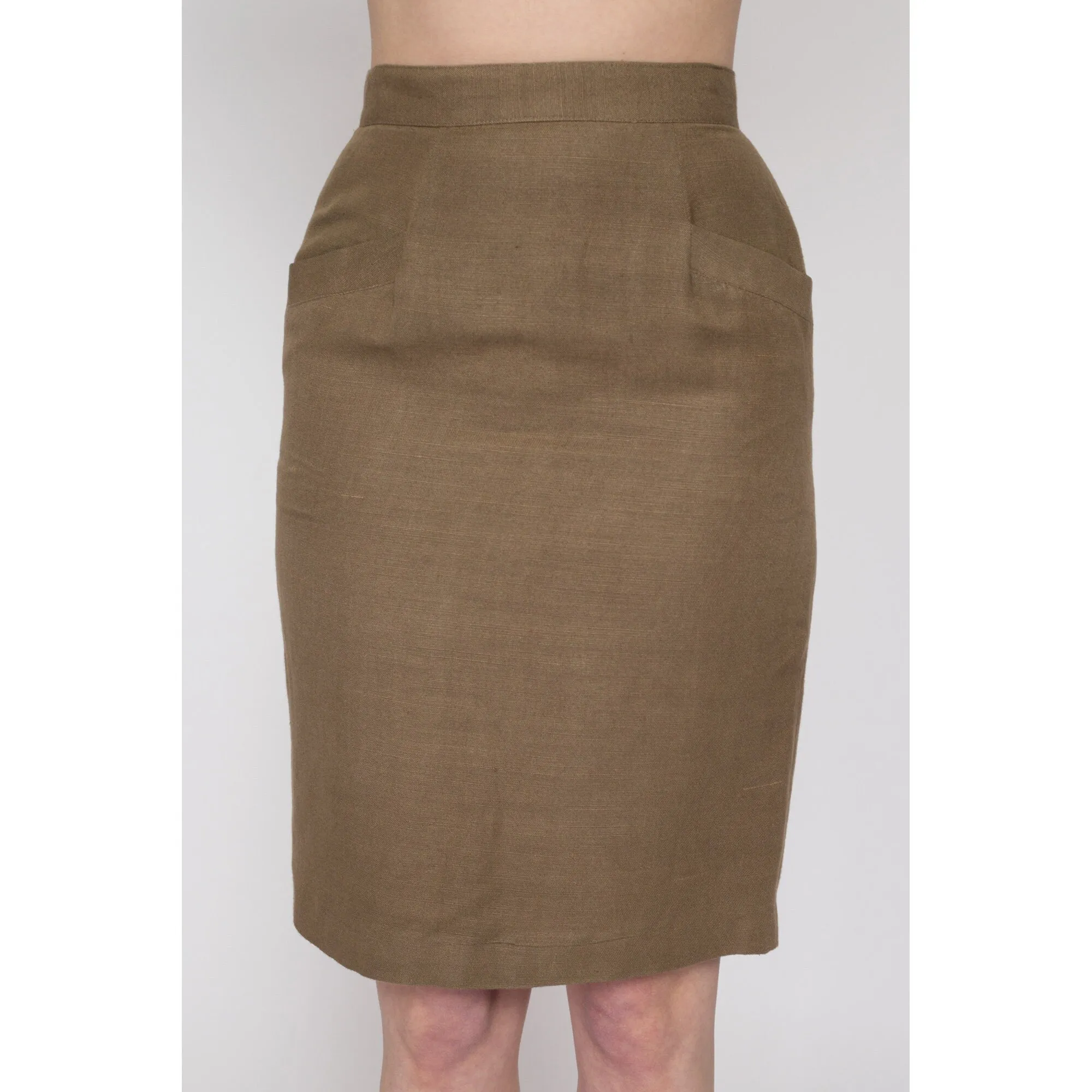 Small 90s Khaki Brown Linen Pencil Skirt 26"