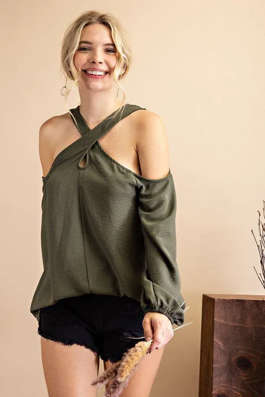 Small - Next Step Cold Shoulder Top - OIive