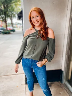 Small - Next Step Cold Shoulder Top - OIive