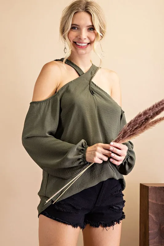 Small - Next Step Cold Shoulder Top - OIive