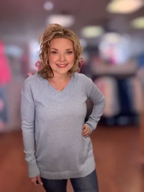 Solid Color Sweater V-Neck: Blue