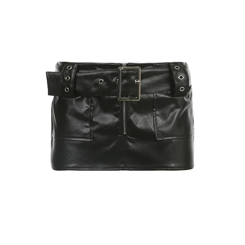 Territory frat outfits Sexy Street Fashion Hot Girl Belt Japanese Buckle Leather Stitching Solid Color Short Mini Skirt