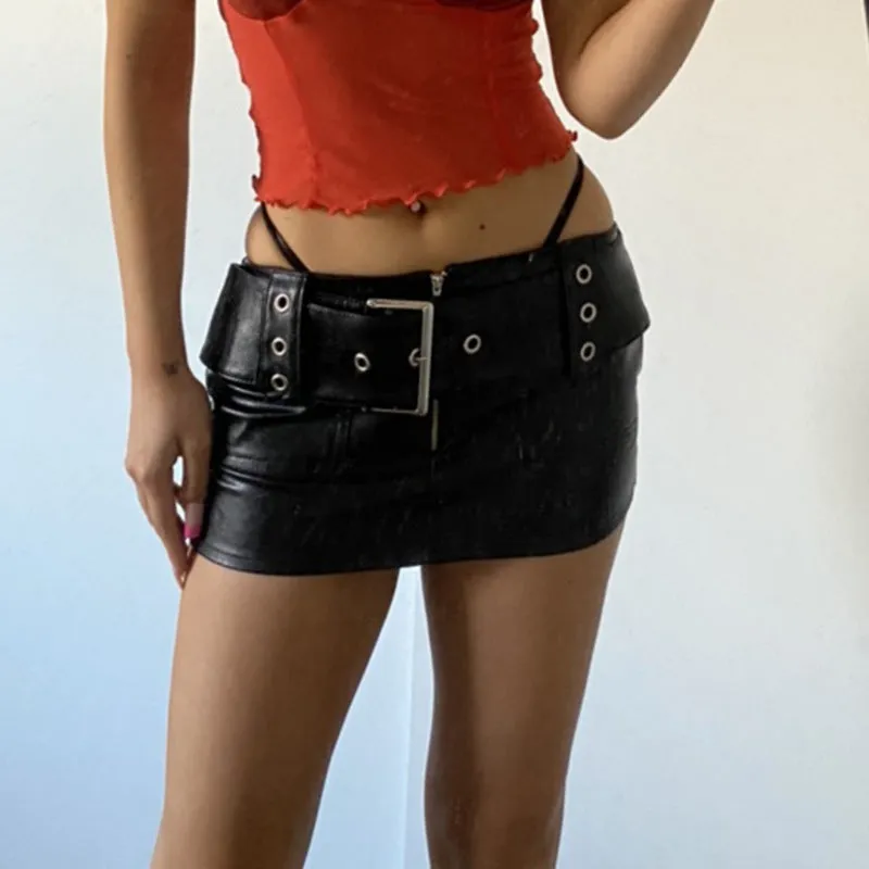 Territory frat outfits Sexy Street Fashion Hot Girl Belt Japanese Buckle Leather Stitching Solid Color Short Mini Skirt
