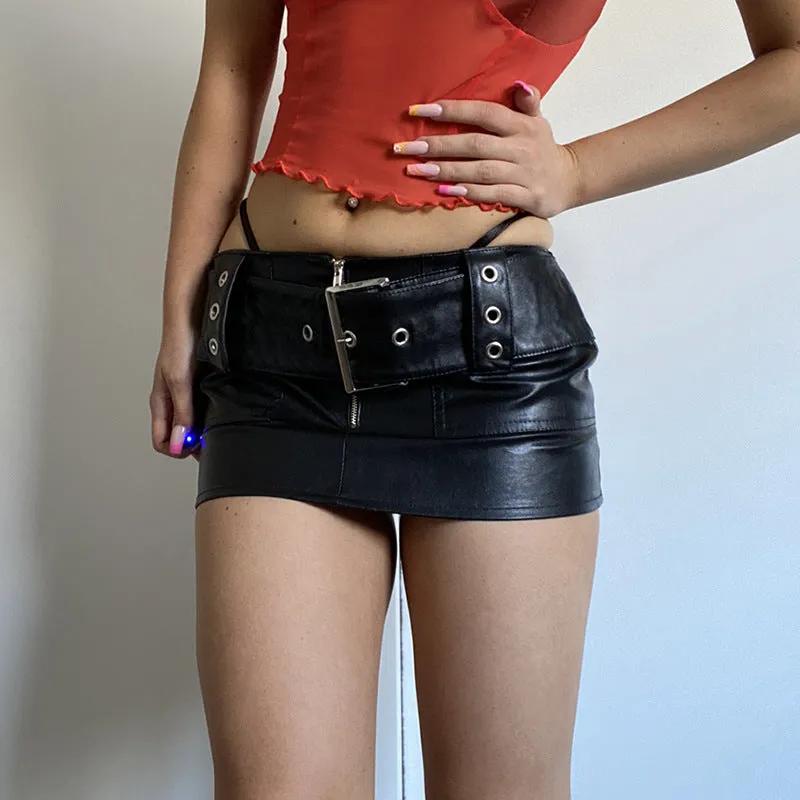 Territory frat outfits Sexy Street Fashion Hot Girl Belt Japanese Buckle Leather Stitching Solid Color Short Mini Skirt