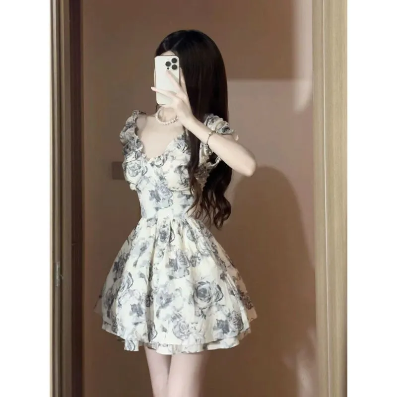 Territory harajuku fashion dress to impress Ink Rose Three-Dimensional Flower Pettiskirt Women's Summer 2024 New French Style Small Waist-Tight Temperament Dress