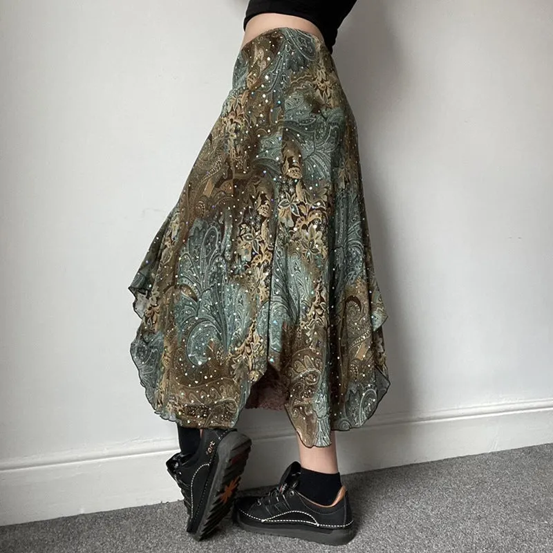 Territory hipster dress to impress Women's Retro American Style Contrast Color Pattern Irregular Skirt Double-Layer Stitching Design Long Skirt