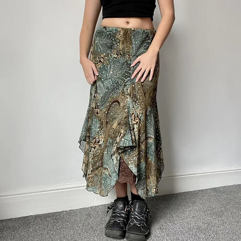 Territory hipster dress to impress Women's Retro American Style Contrast Color Pattern Irregular Skirt Double-Layer Stitching Design Long Skirt