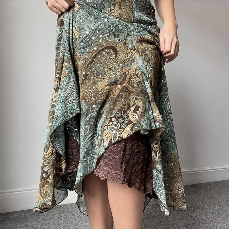 Territory hipster dress to impress Women's Retro American Style Contrast Color Pattern Irregular Skirt Double-Layer Stitching Design Long Skirt