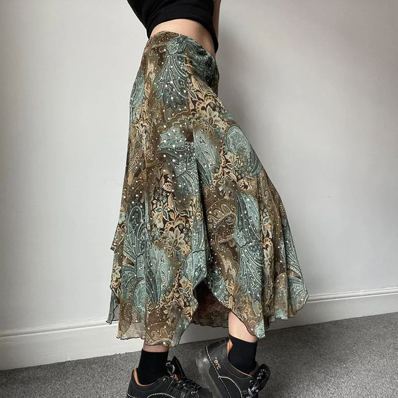 Territory hipster dress to impress Women's Retro American Style Contrast Color Pattern Irregular Skirt Double-Layer Stitching Design Long Skirt