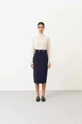 Tube Skirt with Button Detail on the Waist Navy Blue