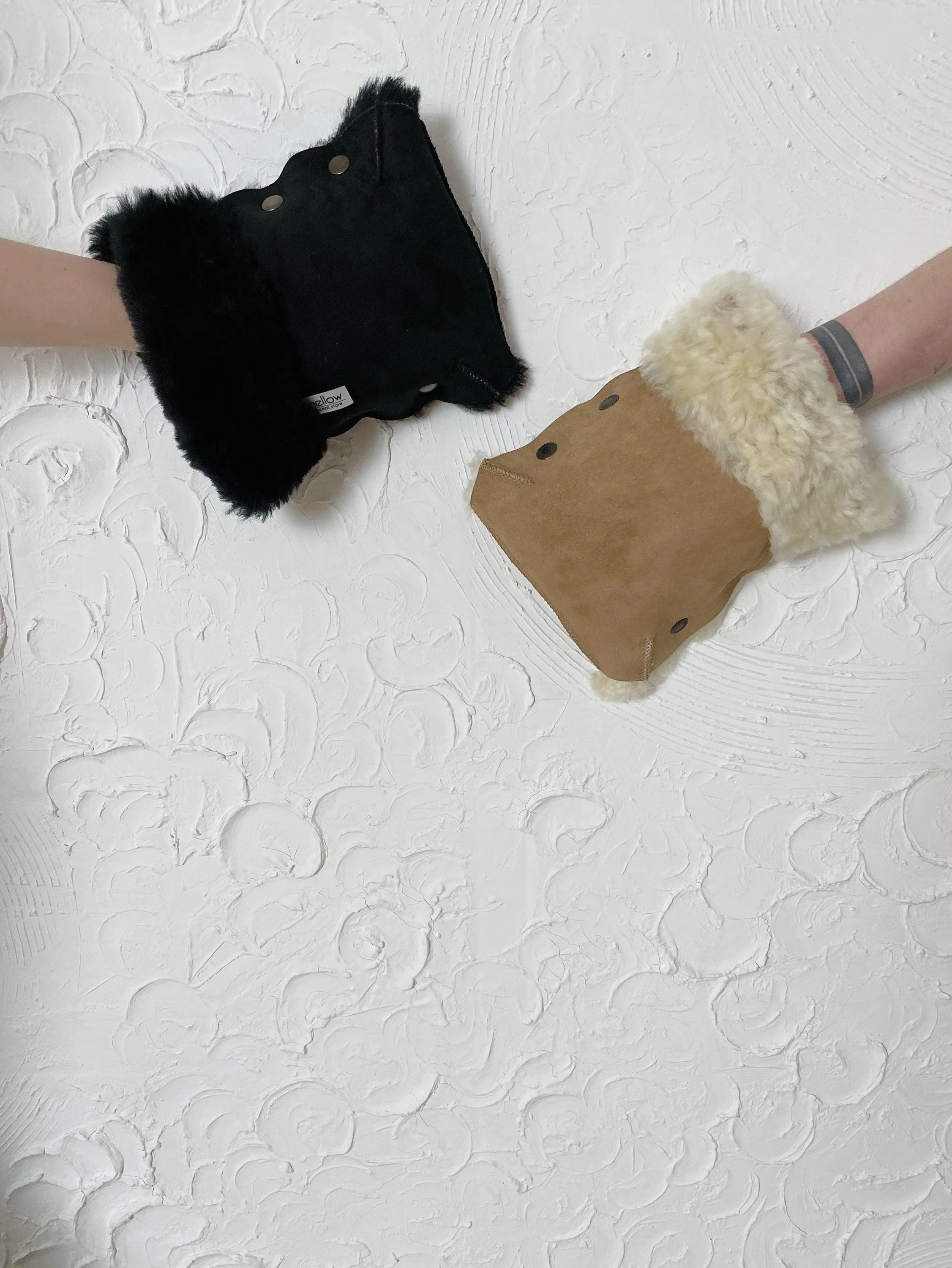 Waterproof Natural Sheepskin Stroller Hand Muffs - Black&White