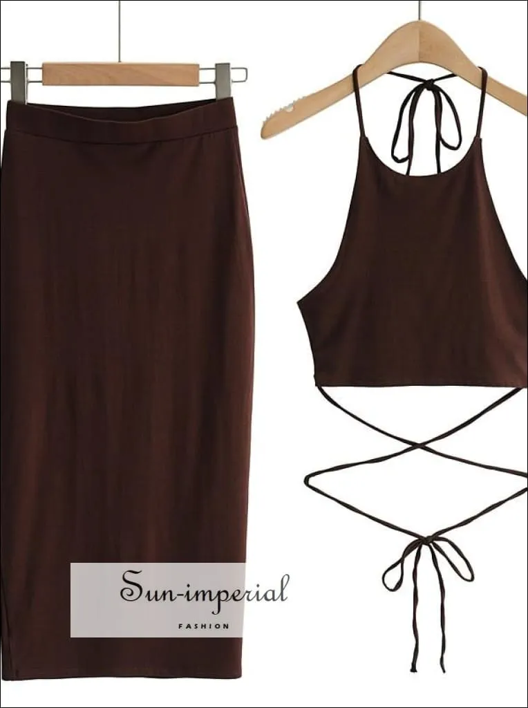 Women Gray Sporty Casual Co-ord Tie Halter Crop top with Tie Wrap around Waist Midi Pencil Skirt