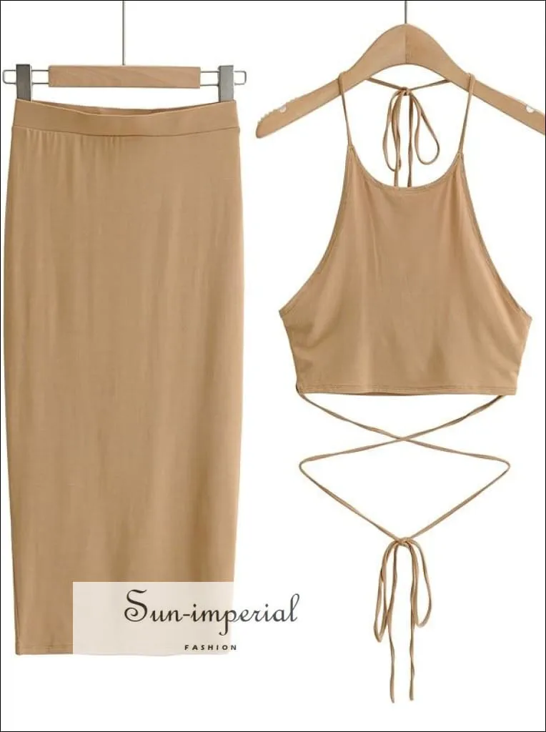 Women Gray Sporty Casual Co-ord Tie Halter Crop top with Tie Wrap around Waist Midi Pencil Skirt