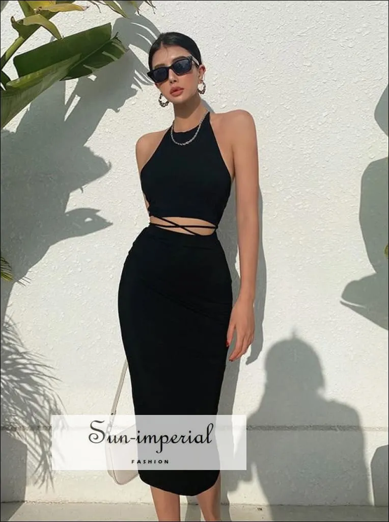 Women Gray Sporty Casual Co-ord Tie Halter Crop top with Tie Wrap around Waist Midi Pencil Skirt