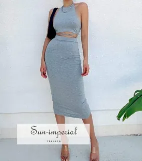 Women Gray Sporty Casual Co-ord Tie Halter Crop top with Tie Wrap around Waist Midi Pencil Skirt