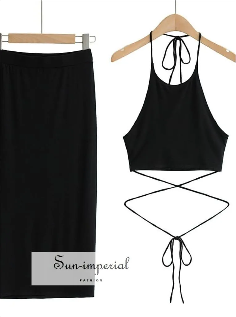 Women Gray Sporty Casual Co-ord Tie Halter Crop top with Tie Wrap around Waist Midi Pencil Skirt