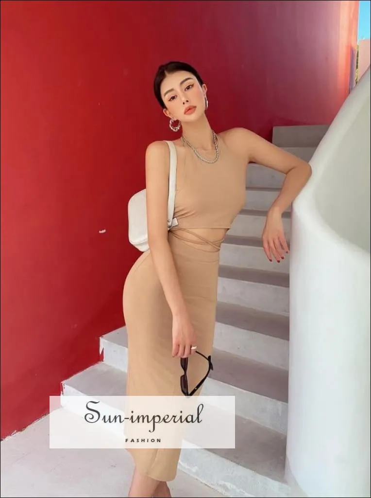 Women Gray Sporty Casual Co-ord Tie Halter Crop top with Tie Wrap around Waist Midi Pencil Skirt