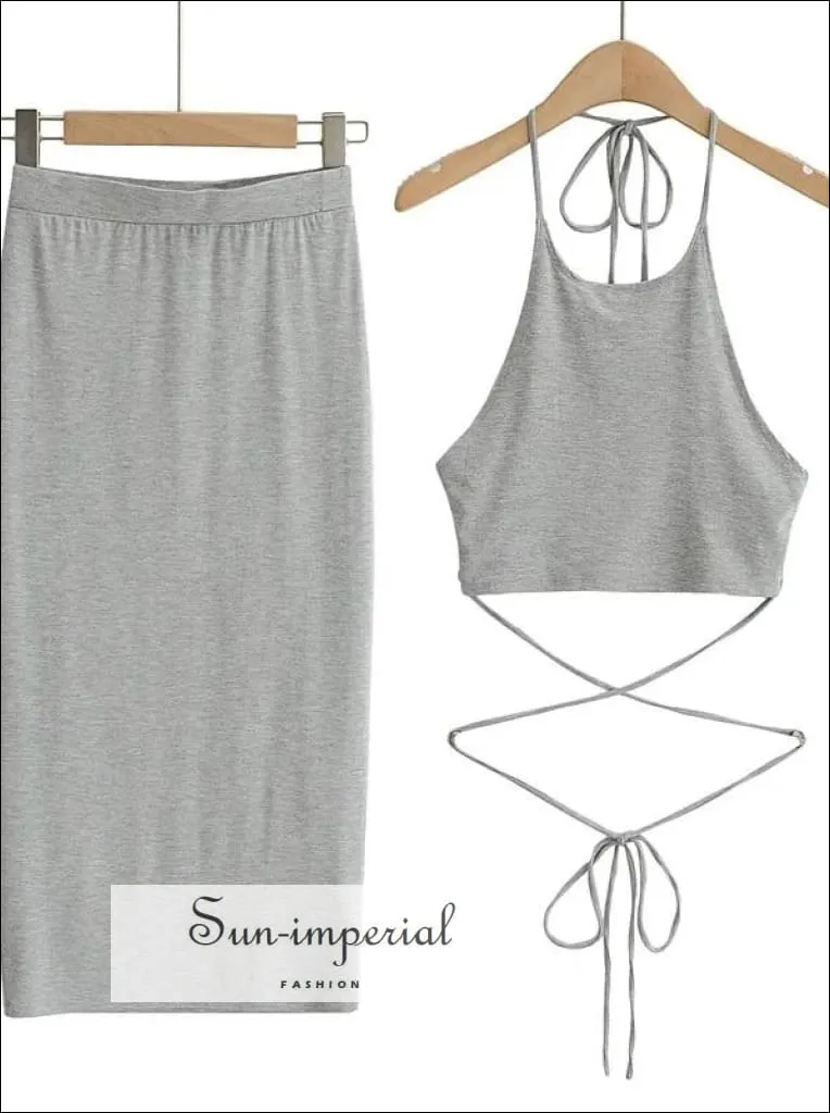 Women Gray Sporty Casual Co-ord Tie Halter Crop top with Tie Wrap around Waist Midi Pencil Skirt