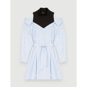 Women Striped Trompe L'Oeil Shirt Dress - Light Blue