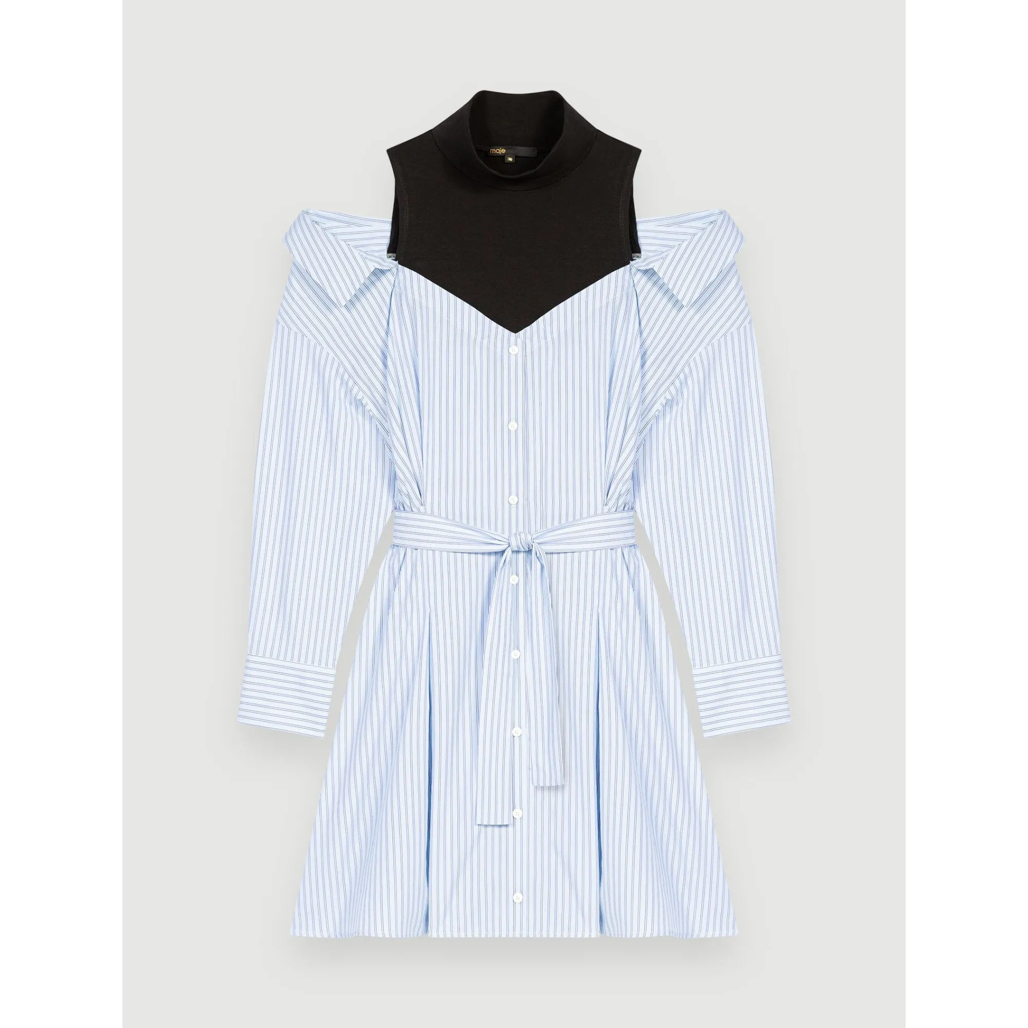 Women Striped Trompe L'Oeil Shirt Dress - Light Blue