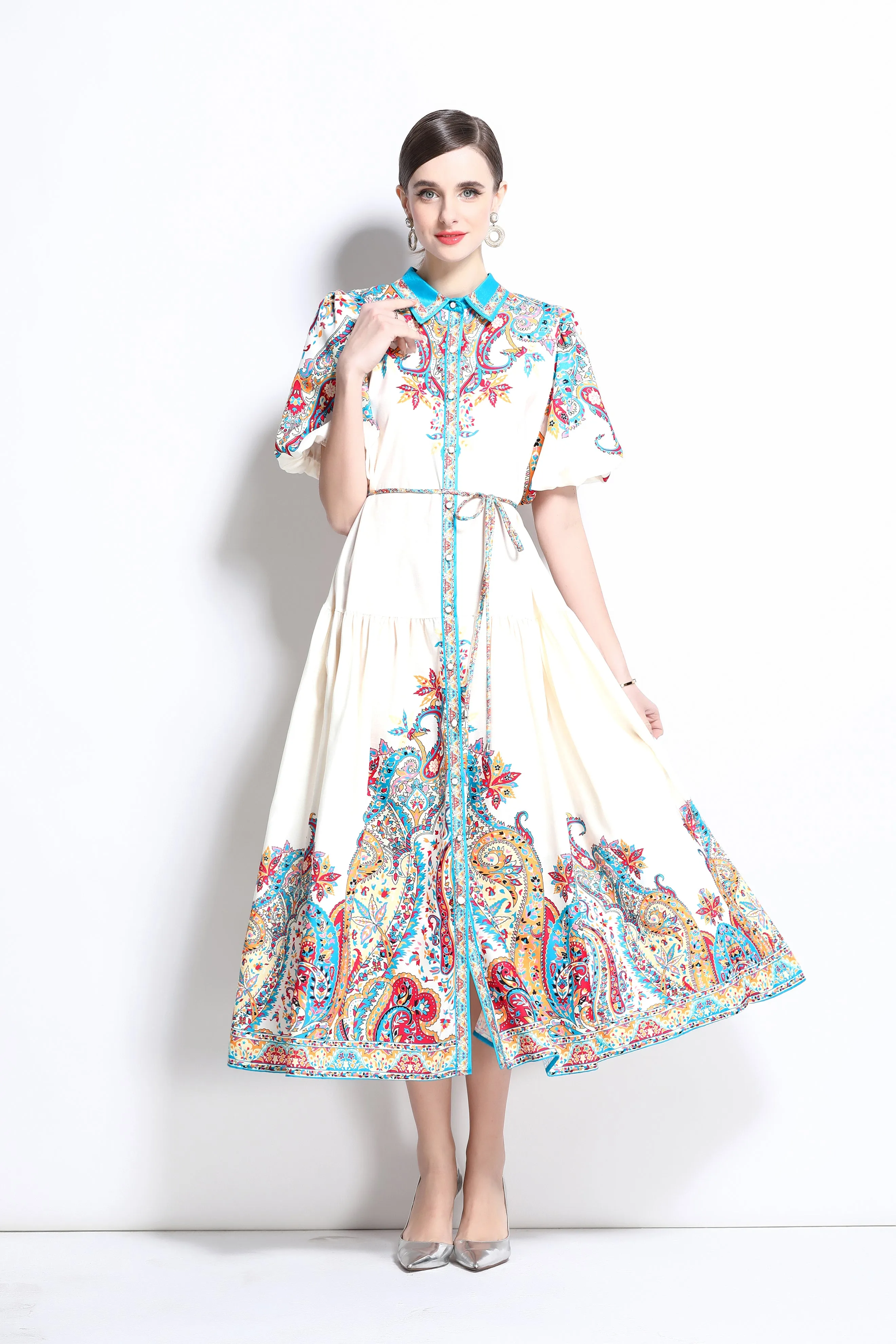Women's Ethnic Print Loose Short Puff Sleeve Midi Dress