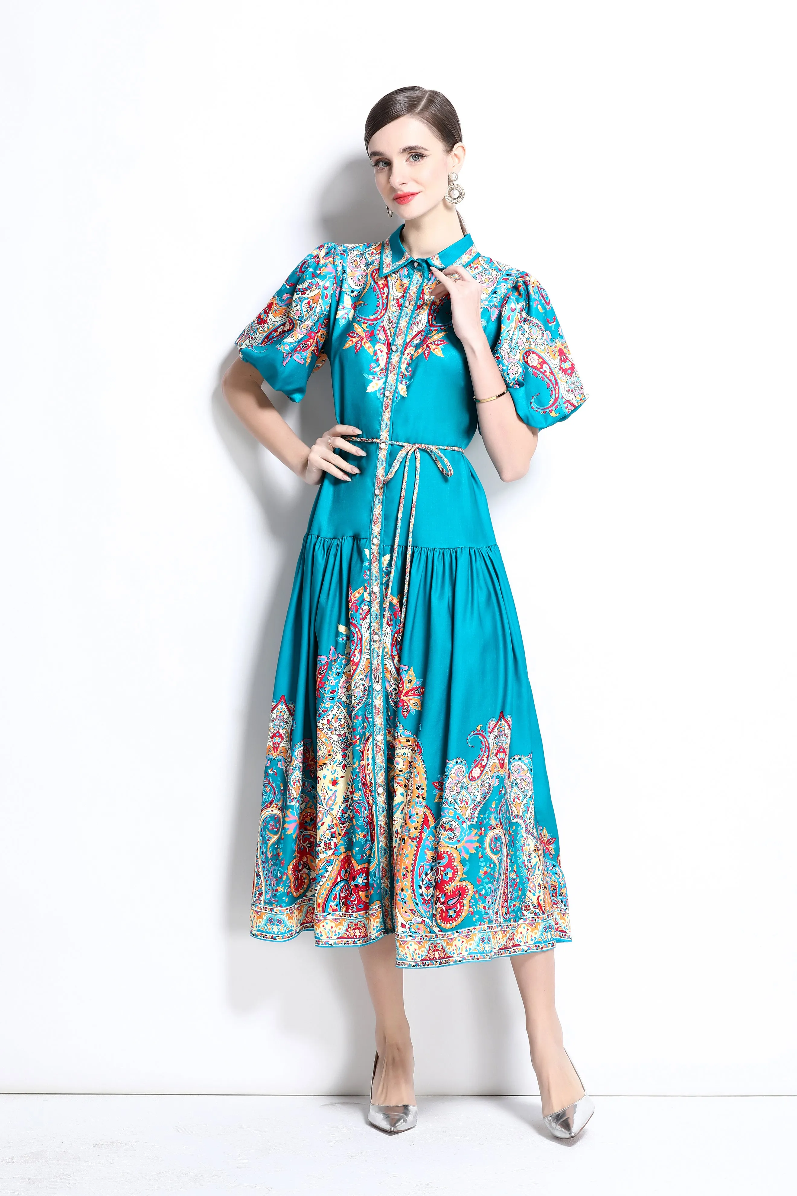 Women's Ethnic Print Loose Short Puff Sleeve Midi Dress