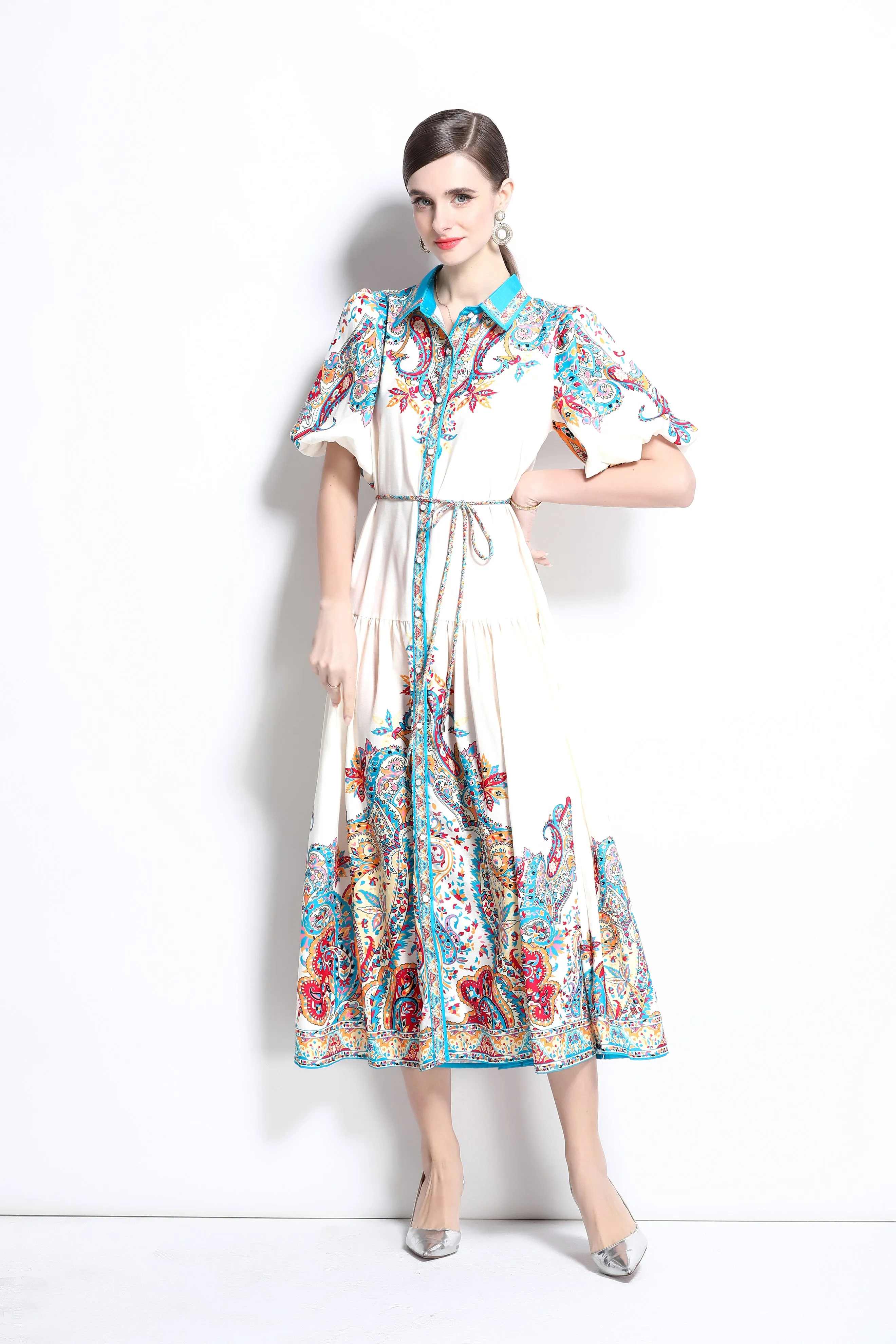 Women's Ethnic Print Loose Short Puff Sleeve Midi Dress