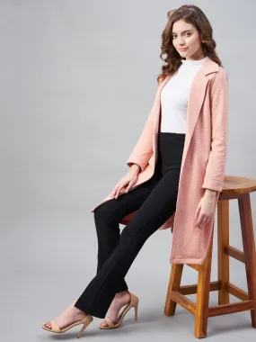 Women's Pink Polyester Jacquard Self Design Overcoat - StyleStone