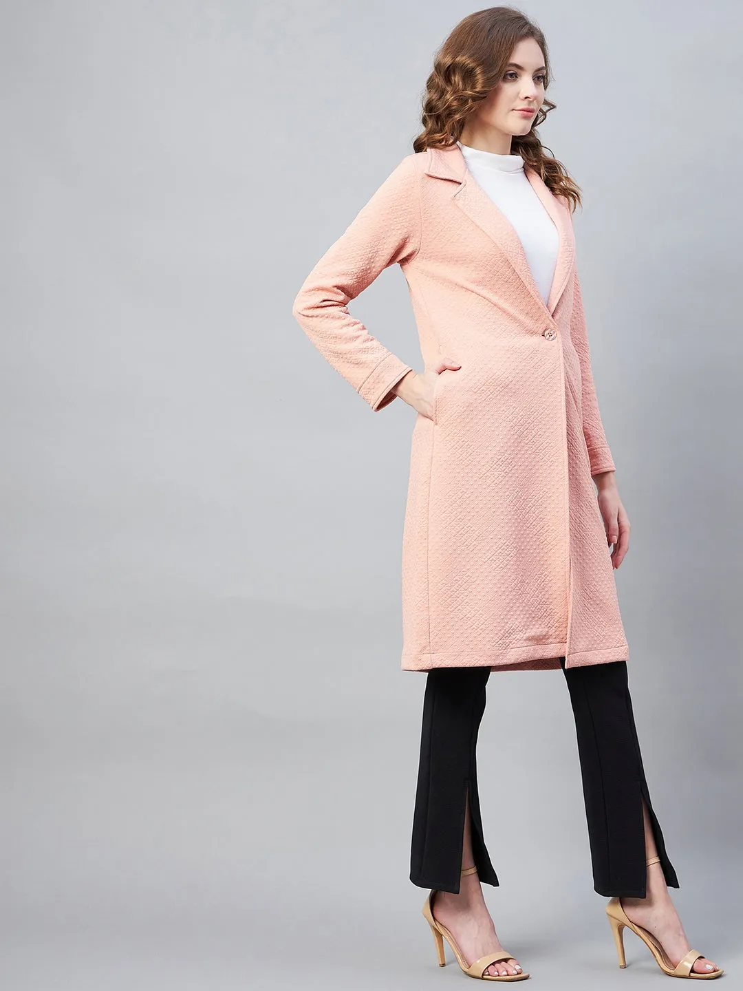 Women's Pink Polyester Jacquard Self Design Overcoat - StyleStone