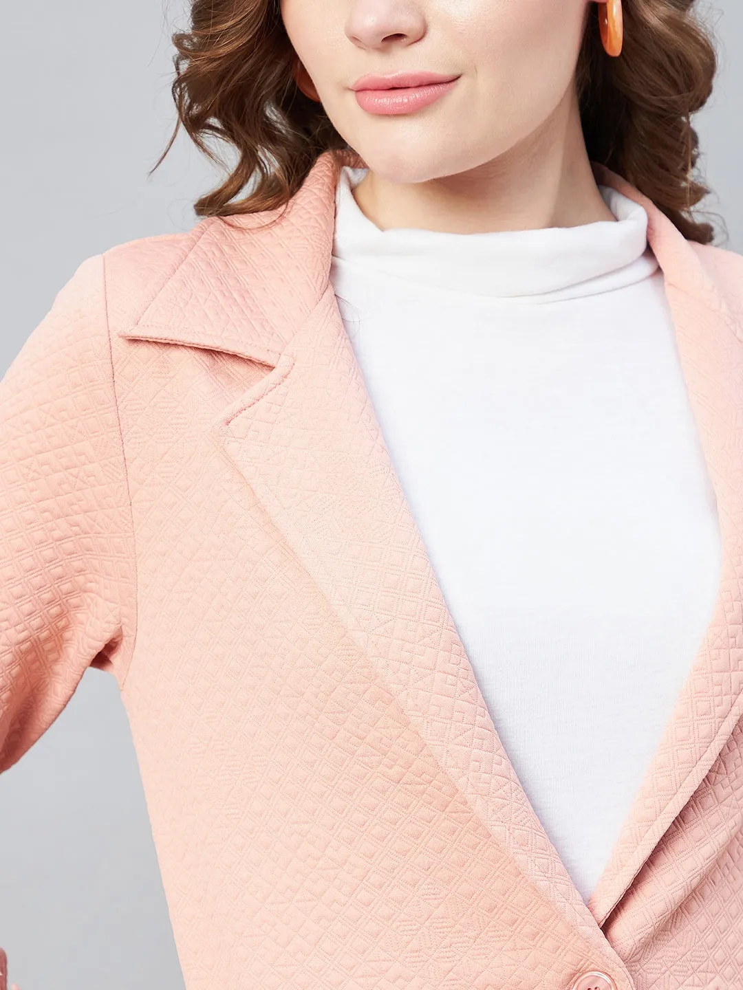 Women's Pink Polyester Jacquard Self Design Overcoat - StyleStone