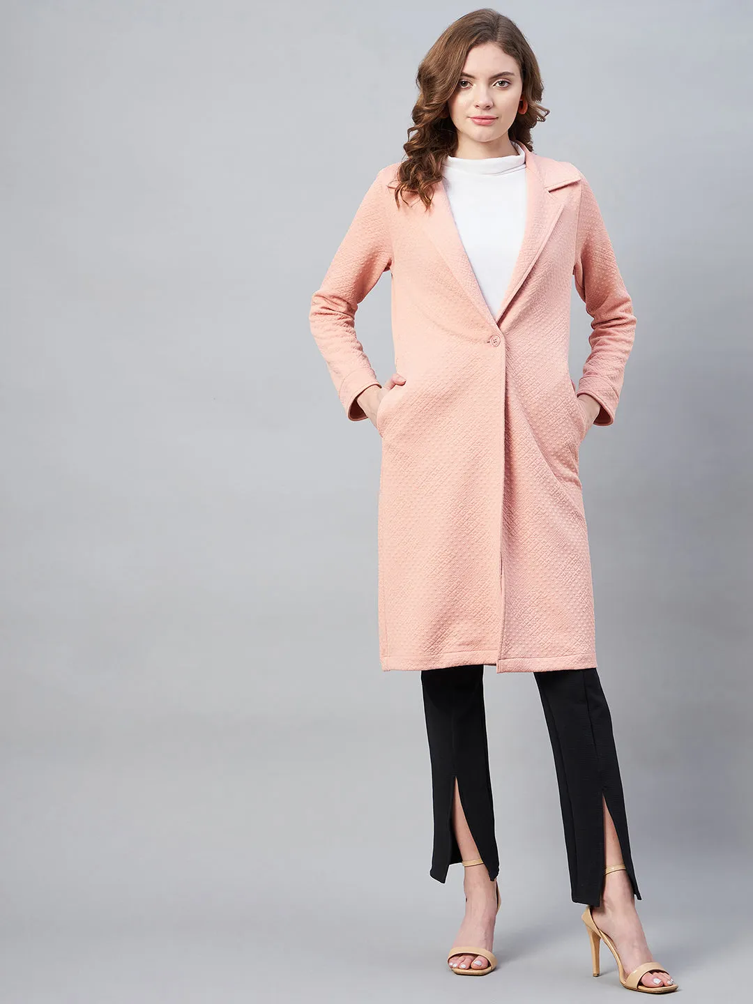 Women's Pink Polyester Jacquard Self Design Overcoat - StyleStone